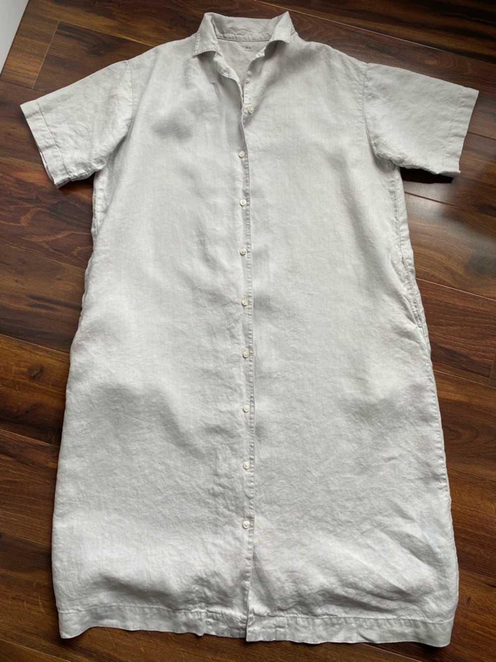 Muji 100% Linen Short Sleeve Full Button Floor Length Dress with Pockets M/L